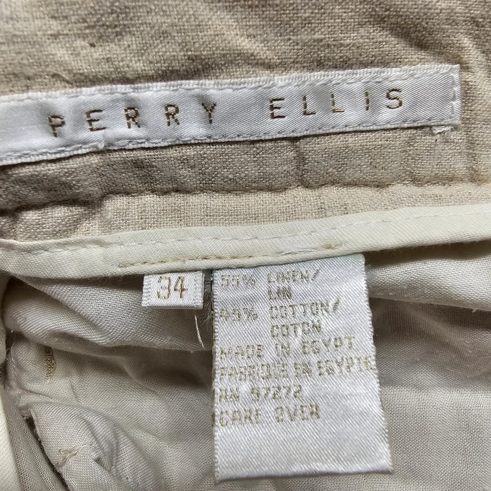 Perry Ellis Mens Beige Linen Cotton Pleated Straight Leg Trousers Size 34